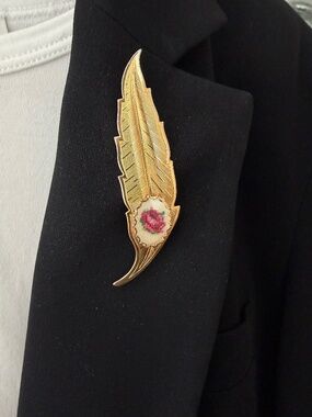 Vintage Gold Tone Feather Brooch with Petit Point Rose Detail